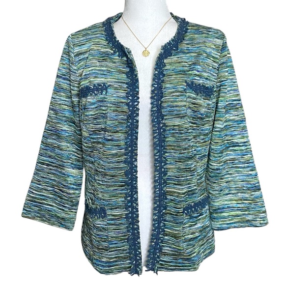 CHICO'S Knit Fringe Ronique Boho Jacket Open Blue Green Blazer Sz M (1) - Picture 2 of 8